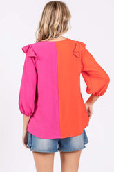 GeeGee Women's Full Size Ruffle Trim Contrast Blouse - Stylish & Elegant